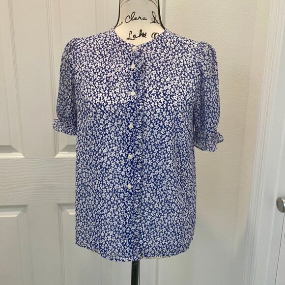 J.CREW BLOUSE SHORT SLEEVE SZ XS BLUE FLORAL COTTAGECORE PREPPY CHIC RUFFLE - Picture 16 of 16